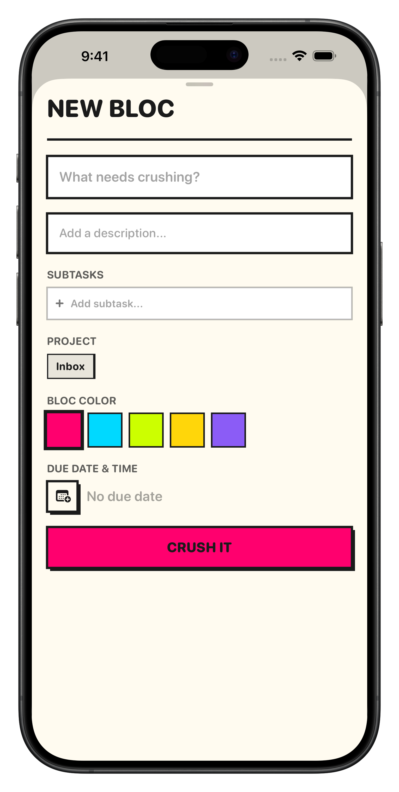 Bloc new task creation screen